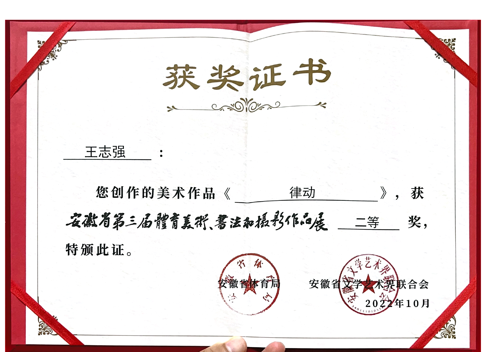 安徽省体育书法摄影奖二等奖证书